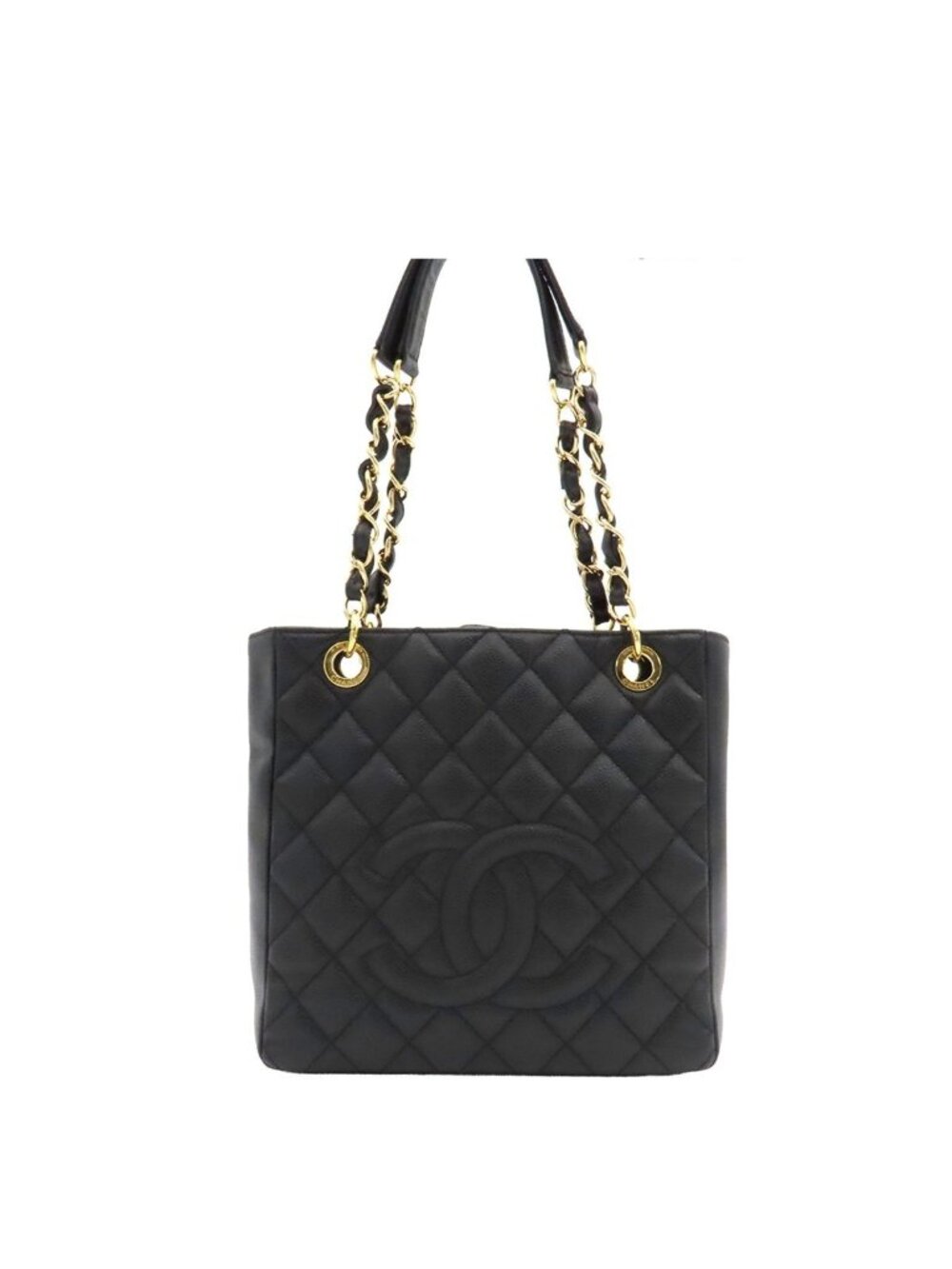 Chanel Petite Shopping Tote Bag PST Black Gold Caviar Leather Quilted Chain